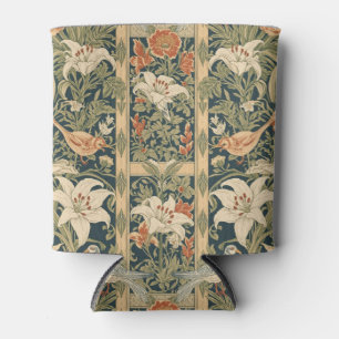 Elegant Art Nouveau Vintage Botanical Bird Lily Can Cooler