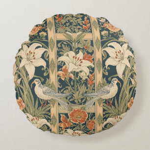 Elegant Art Nouveau Vintage Botanical Bird Lily Round Cushion