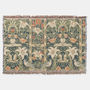 Elegant Art Nouveau Vintage Botanical Bird Lily Throw Blanket