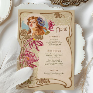 Elegant Art Nouveau Wedding Dinner Menu Floral Invitation