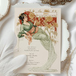 Elegant Art Nouveau Wedding Drinks Menu Card<br><div class="desc">Elevate your wedding with this sophisticated Art Nouveau-inspired drinks menu card. The front side features a mesmerising illustration of a poised woman in a flowing green gown with soft peach accents, set against a backdrop of rich red and gold floral patterns. The artwork exudes timeless elegance and charm, making it...</div>
