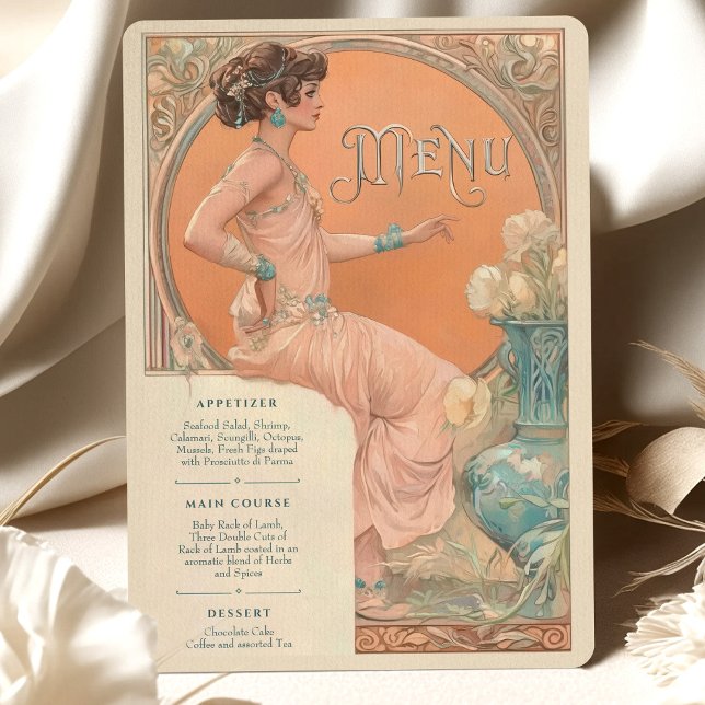 Elegant Art Nouveau Wedding Menu Card Coral Teal (Creator Uploaded)