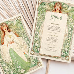 Elegant Art Nouveau Wedding Menu Card with Goddess<br><div class="desc">Enhance your wedding decor with this Art Nouveau-inspired menu card, featuring a goddess-like figure adorned in flowing white and green, surrounded by intricate floral and vine patterns. The soft greens, ivory, and golden accents add a serene, natural elegance to this design, evoking the beauty of a mystical garden. With ornate...</div>