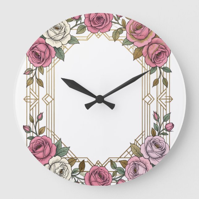 Elegant Art Nouveau Wedding Rose Frame Border Large Clock (Front)