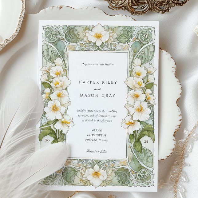 Elegant Art Nouveau White Orchid Wedding Invitation (Creator Uploaded)
