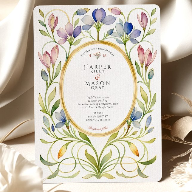 Elegant Art Nouveau Wildflower Gold Frame Wedding Invitation (Creator Uploaded)