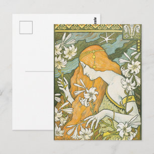 Elegant Art Nouveau Woman White Lily Illustration Postcard