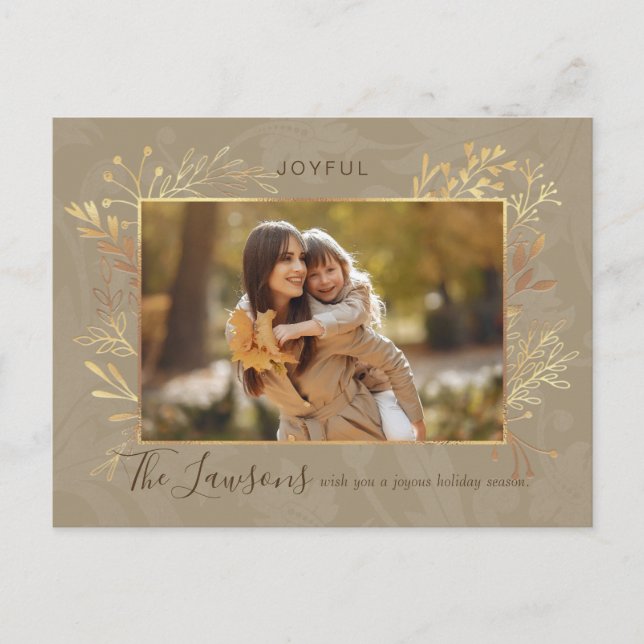 Elegant Artisan Gold Leaves Photo Holiday Postcard (Front)