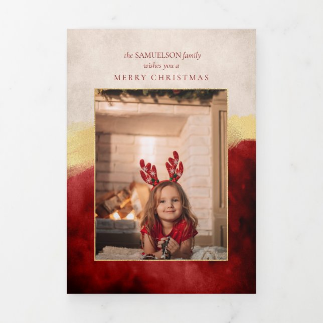 Elegant Artisan Red w/Gold Brush Stroke Photo Tri-Fold Card (Cover)