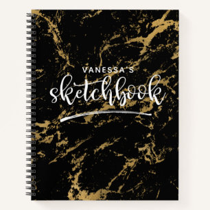 Elegant Artist Sketchbook Your Name Black Marble Notebook