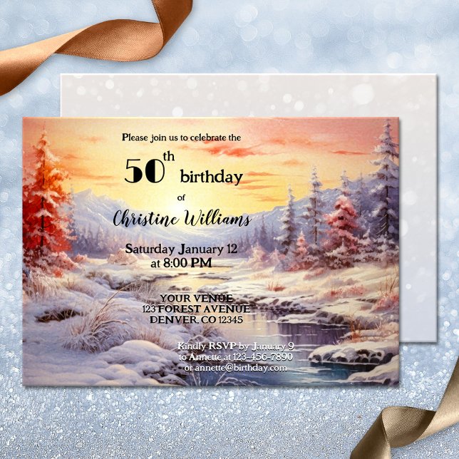 Elegant Artistic Adult Winter Birthday Party  Invitation (Adult birthday invitation featuring a watercolor painting of a winter wonderland at sunset)