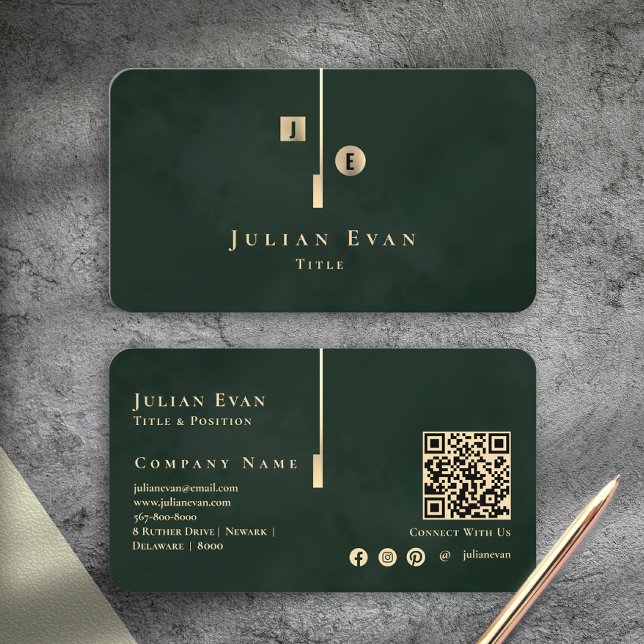Elegant Artistic Monogram Dark Emerald Green Gold Business Card (Elegant Artistic Monogram Dark Emerald Green Gold Business Card)