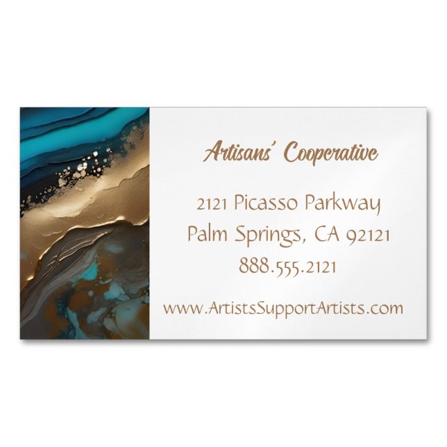 Elegant, artsy abstract, teal gold magnetic business card (Front)