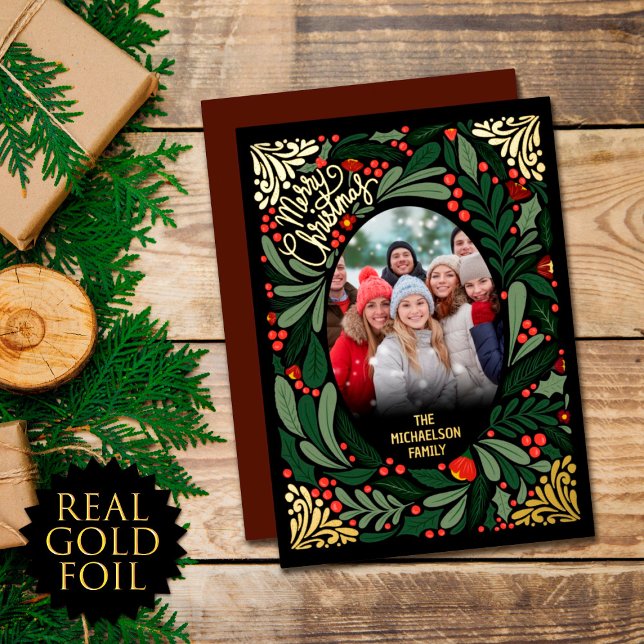 Elegant Artsy Floral Leaves Christmas Photo Gold (Creator Uploaded)