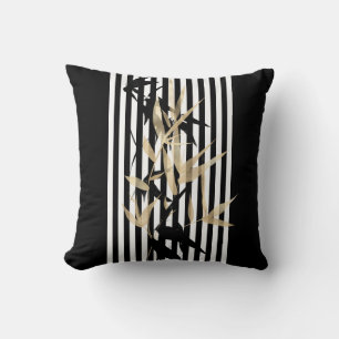 Elegant Asian Black White Stripe Gold Bamboo Cushion
