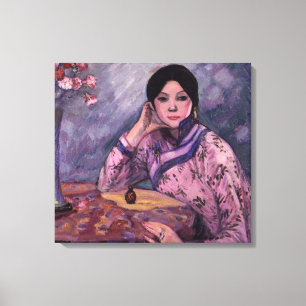 Elegant Asian Lady with Perfume and Pink Roses Canvas Print