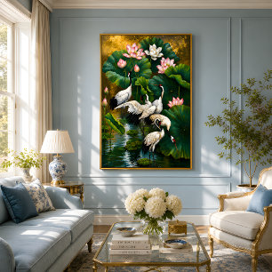 Elegant Asian Lotus & Crane Gold Oil Painting Photo Print