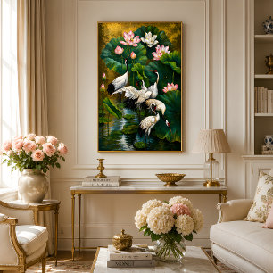Elegant Asian Lotus & Crane Gold Oil Painting Photo Print
