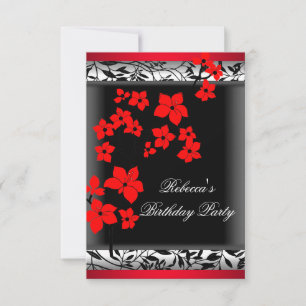 Elegant Asian Red Flowers White black Invitation