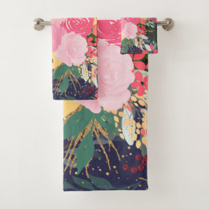 Elegant Astral Aura Winter Floral & Gold Dots Bath Towel Set