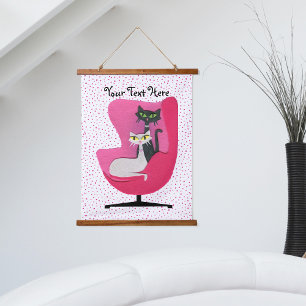 Elegant Atomic Cats in Pink Vintage Chair Dots Hanging Tapestry