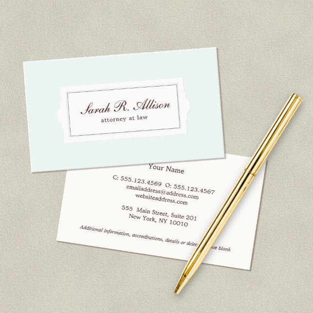 Elegant Attorney Plaque Style Light Blue Business Card (Creator Uploaded)
