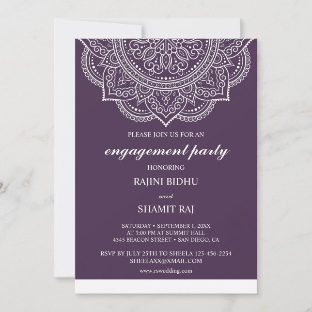 Elegant Aubergine Paisley Indian Engagement Party Invitation (Front)