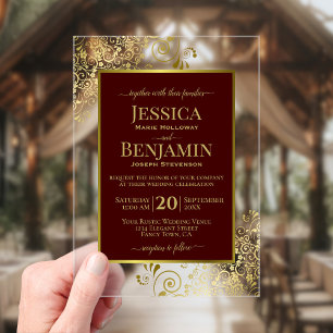 Elegant Auburn Brown & Gold Stylish Text Wedding Acrylic Invitations