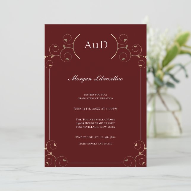 Elegant AuD Gold Burgundy Graduation Invitation (Standing Front)