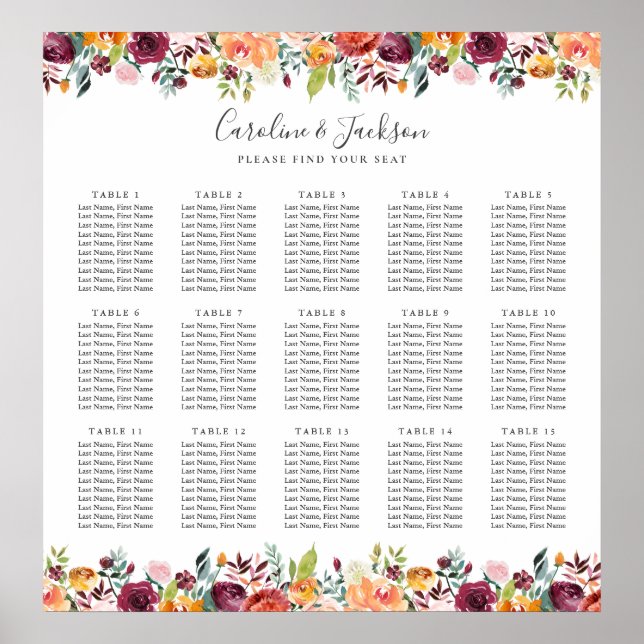 Elegant Autumn 15-Table Wedding Seating Chart (Front)