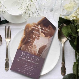 Elegant Autumn Aubergine Grey Photo Website Email  All In One Invitation