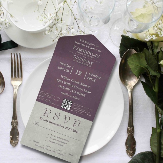 Elegant Autumn Aubergine Sage Grey QR Code All In One Invitation (Creator Uploaded)