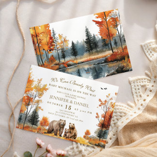 Elegant Autumn Bear Family Woodland Baby Shower Invitation