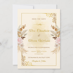 Elegant Autumn Blush Floral Gold Frame Wedding Invitation