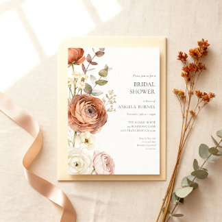 Elegant Autumn Botanical Rust Peach Bridal Shower Invitation