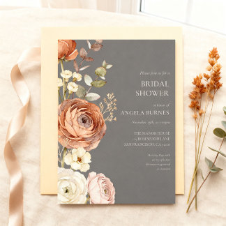 Elegant Autumn Botanical Rust Peach Bridal Shower Invitation