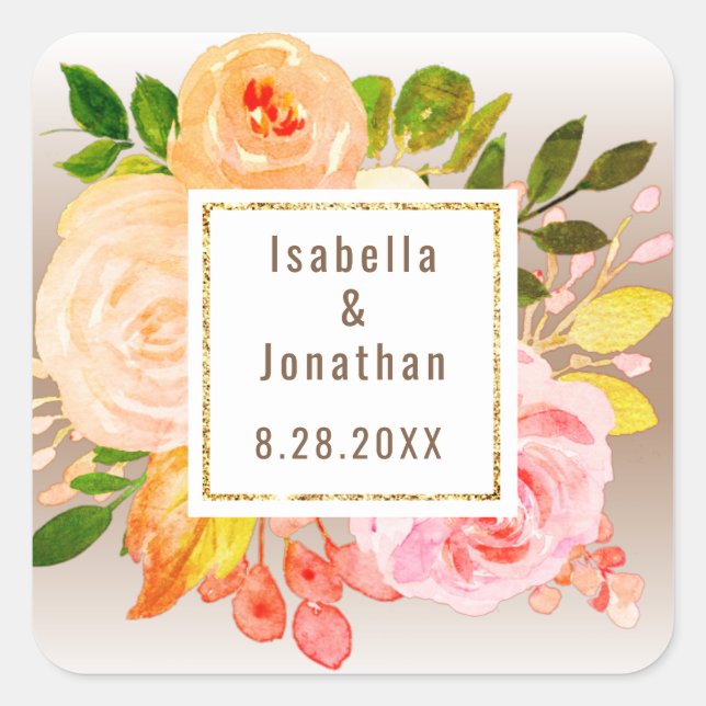 Elegant Autumn Brown Floral Bloom Gradient Wedding Square Sticker (Front)