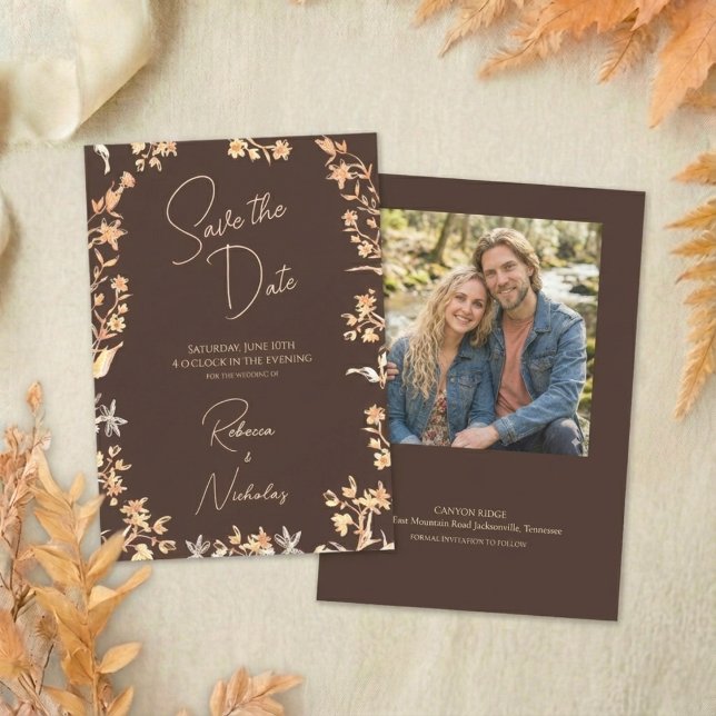 Elegant Autumn Copper Wildflowers Script Photo Save The Date (Creator Uploaded)