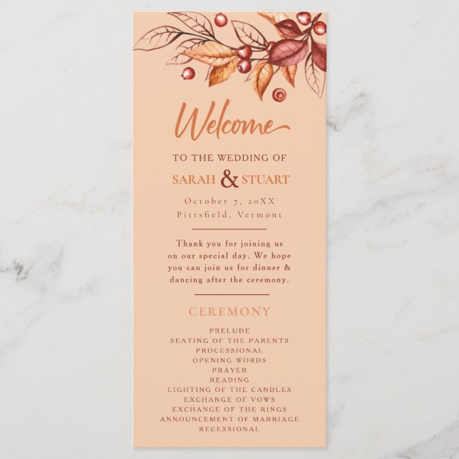 Elegant Autumn Earth tone Terracotta Wedding Programme (Front)