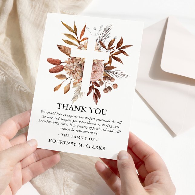 Elegant Autumn Fall Bloom Holy Cross Funeral Thank You Card (Creator Uploaded)