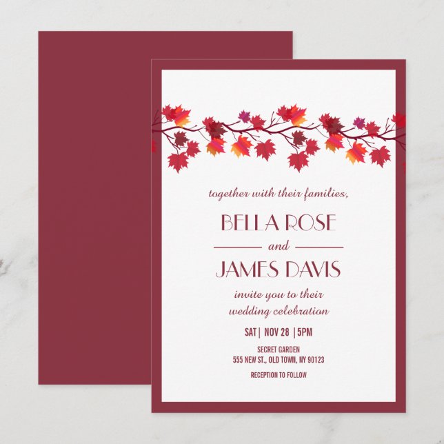 Elegant Autumn Fall Burgundy Wedding Invitation (Front/Back)