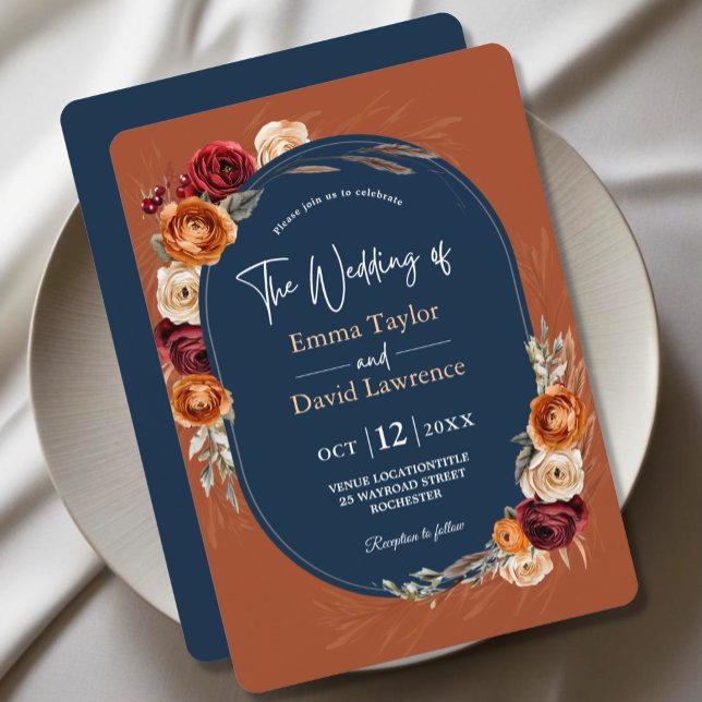Elegant autumn fall orange navy floral wedding invitation (Creator Uploaded)