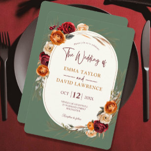 Elegant autumn fall orange sage floral wedding invitation