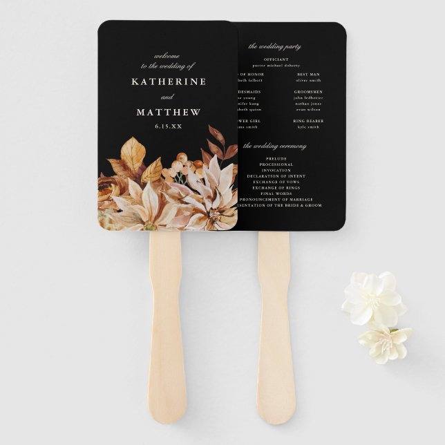 Elegant Autumn Floral Black Wedding Program Hand Fan (Front and Back)