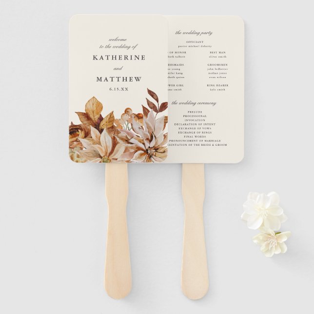 Elegant Autumn Floral Earth Tones Wedding Program Hand Fan (Front and Back)