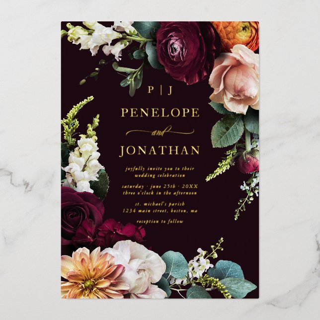 Elegant Autumn Floral Gold Monogram Wedding (Front)