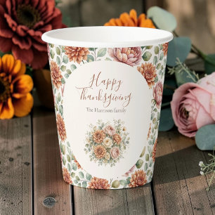 Elegant Autumn Floral Happy Thanksgiving Paper Cups