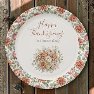 Elegant Autumn Floral Happy Thanksgiving Paper Plate