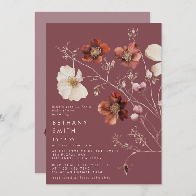 Elegant Autumn Floral Mauve Baby Shower Invitation (Front/Back)
