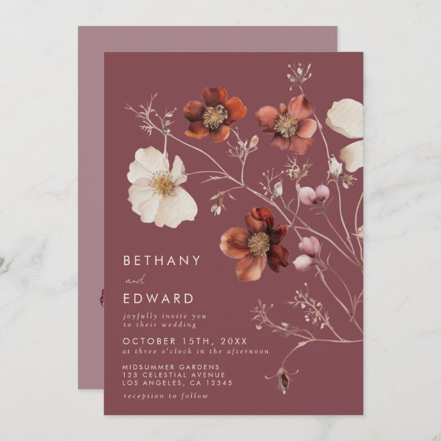 Elegant Autumn Floral Mauve Wedding Invitation (Front/Back)